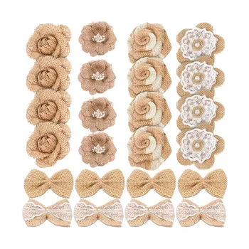 

24 Pcs Handmade Natural Burlap Flowers, 6 Styles Vintage Burlap Rustic Flowers and Bowknot for DIY Craft