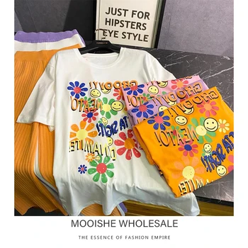 

Sun Flower Pattern Cartoon Alphabet Print Color Round Neck Short Sleeve T-shirt