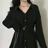 Dress Women Pure Turn-down Collar Button Long Sleeve Collect Waist Elegant Fashion Black Clothing Fall 2020 Hepburn Vestido Chic 6