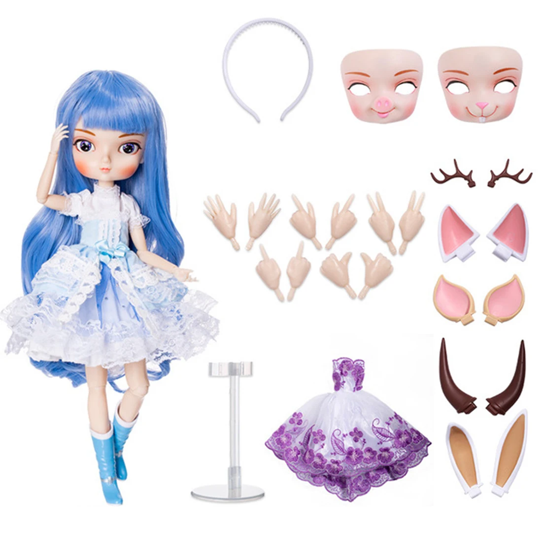 

BJD Dolls 1/6 Scale Multi-joint Movable Model Doll Full Set Long Wavy Blue Color Neat Bangs BJD Doll Kit Fashion Modern Girl