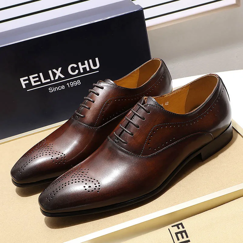 Big Size Men Dress Shoes Leather Oxfords Mens Lace-Up Formal Shoes Genuine Leather Brown Black Business Men's Shoes Pointed Toe