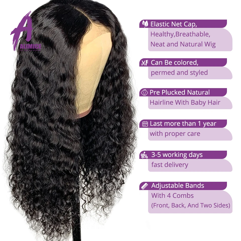 Alimice Brazilian Deep Curly 4x4 Lace Closure Human Hair Wigs Pre Plucked With Baby Hair 8-24 Inch For Black Women 150% Density (5)