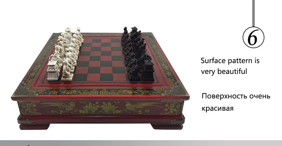 Easytoday Wooden Chess Game Set Resin Character Modeling Chess Pieces Chinese Retro Terracotta Warriors Wooden Chessboard Gift (6)