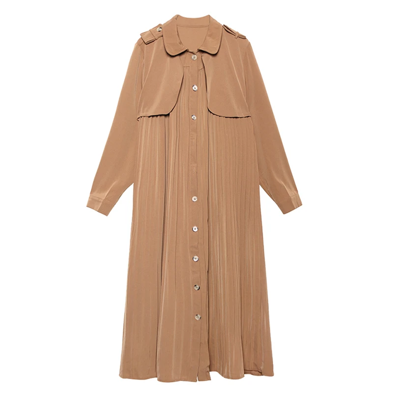 khaki CHICEVER корейский стиль, лоскутные плиссированные женские платья, воротник с лацканами, длинный рукав, большие размеры, свободное платье миди, женская одежда, весенняя одежда - Цвет: khaki