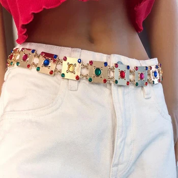 

Fashion Metal Waist long tassel Gold chain Belt Women female Gem Stones belts femme waistband Dress belts straps accessories