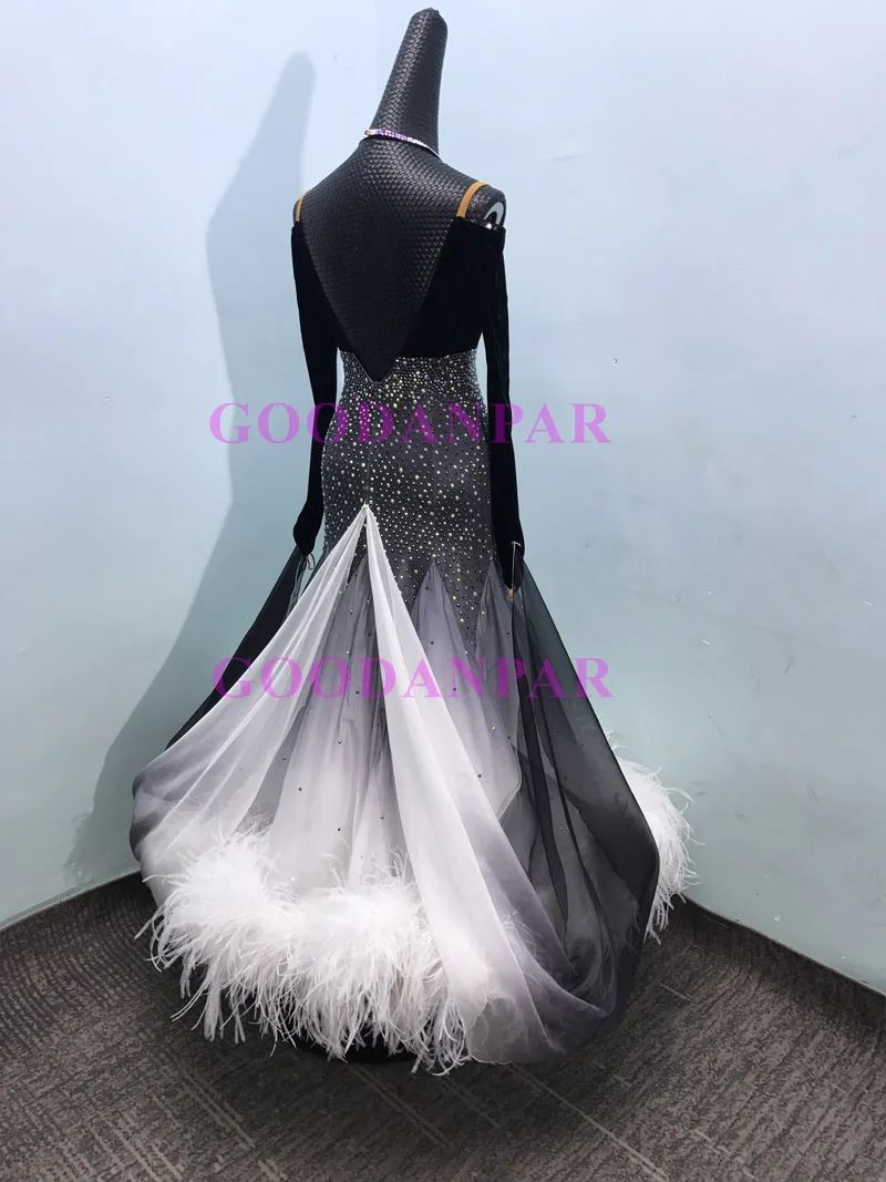 ballroom dance dress ballroom dance competition dresses gray gradient Modern Waltz Tango Dance Dress ostrich feather dress