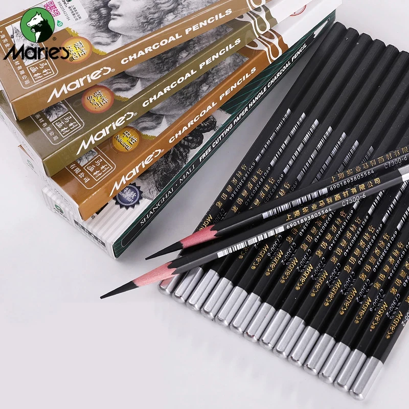 Maries 12Pcs Wood Charcoal Pencil Set Soft Neutral Hard Black Sketch Charcoal for Artist Painting Drawing Pencil Art Supplies