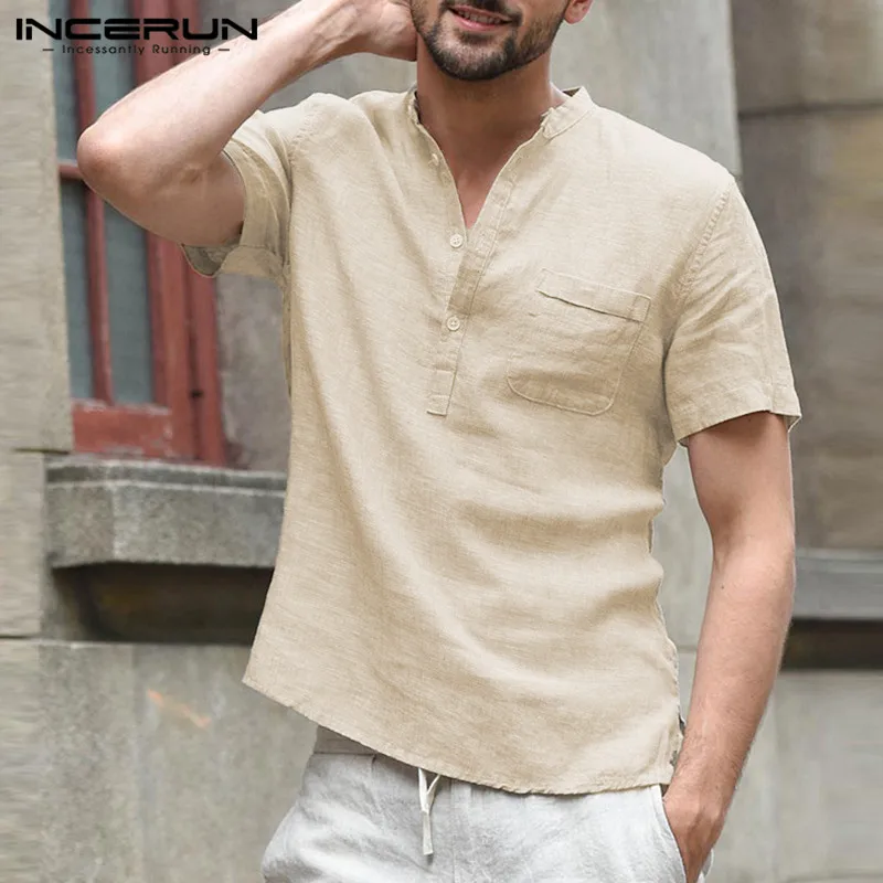 Male Shirts Shirts-Stand-Collar Short-Sleeve INCERUN Mens Blouse Button Streetwear Casual