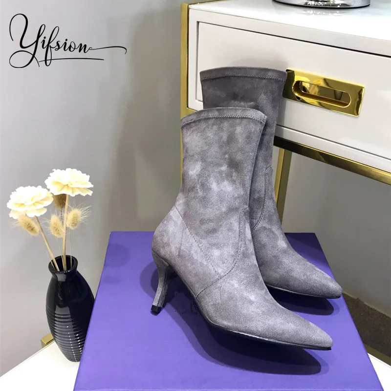 

OLOME New Fashion Black Brown Runway Kid Suede Women Boots Pointed Toe Slip On Thin High Heel Ladies Ankle Boots Shoes Woman