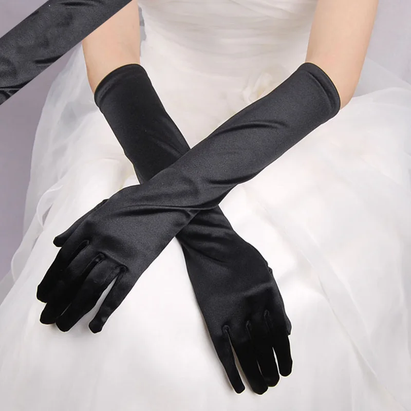 Elegant Satin Solid Women Gloves Halloween Cosplay Stage Performance Etiquette Gloves Christmas Thin Full Finger Dress Mittens