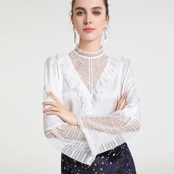 

Elegant women silk shirt 2020 spring slim Ruffle flare sleeve black blouse Fashion work wear Top