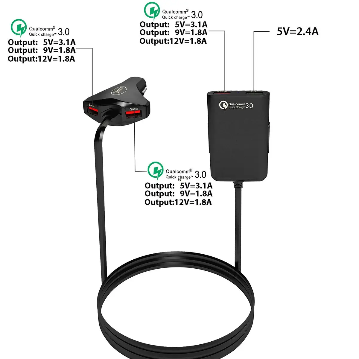 12 V-24 V Quick Charge 3,0 зарядных порта USB для автомобиля Зарядное устройство 4 Порты usb с 1,7 м кабель-удлинитель Кабель на заднем сиденье Зарядка для iPhone, для SamSung