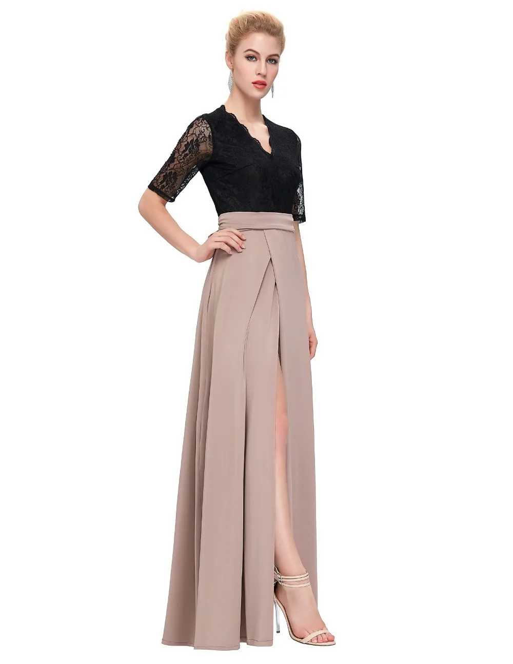 

2017 Spring And Summer-V-neck Lace Joint Half-sleeve Shirt Dress Slit Formal Dress Long Skirts Waist Belt