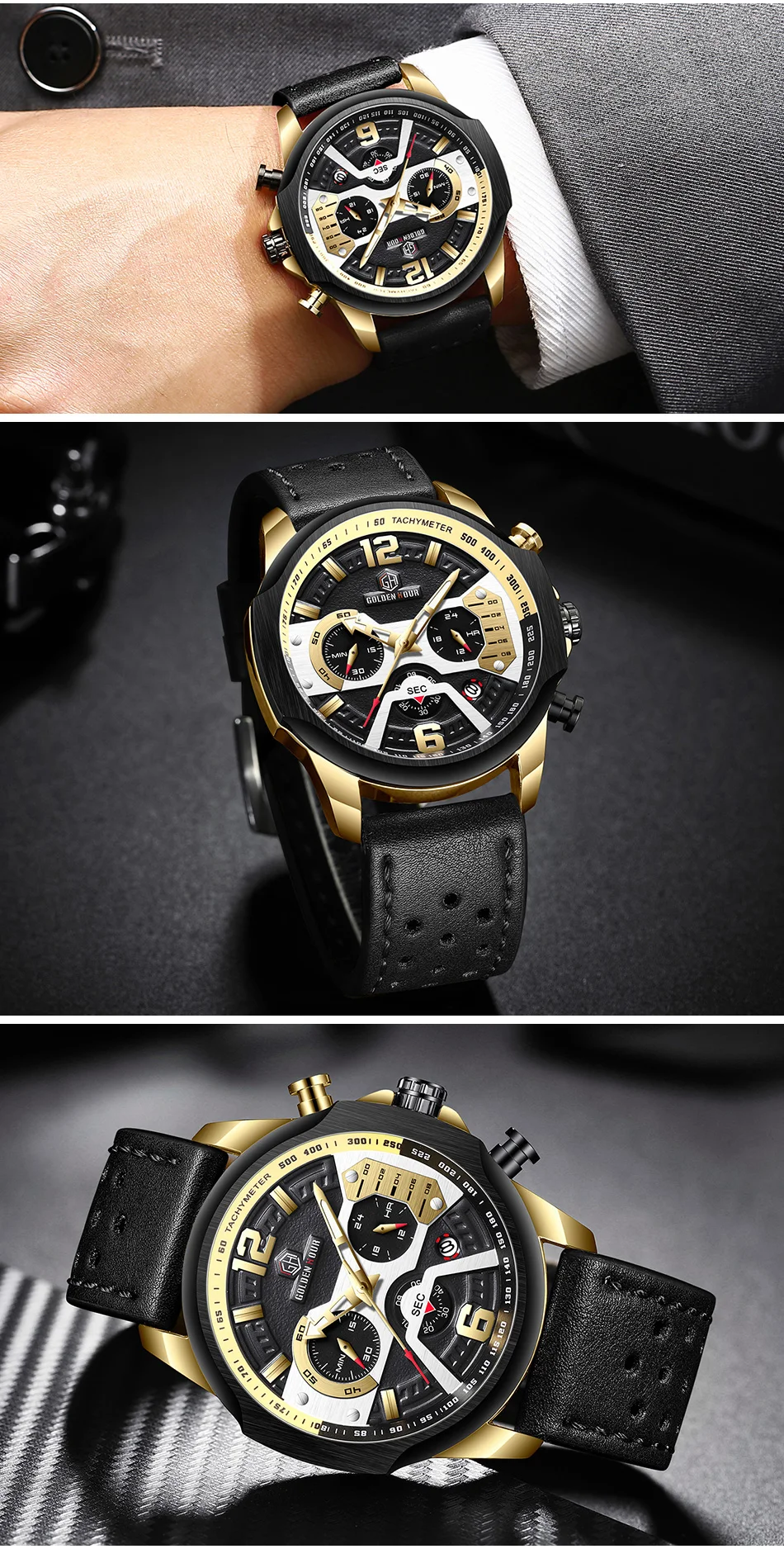Роскошные брендовые GOLDENHOUR Мужские кварцевые часы из натуральной кожи, водонепроницаемые военные мужские часы с календарем, мужские часы