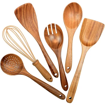 

Wooden Utensils for Kitchen,6Wooden Spoons for Cooking Wood Spatula Draining Spoon Whisk and Salad Fork,Cooking Utensil