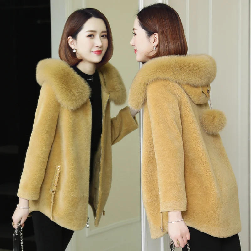 

2020 New Real Fur Coat Women Fox Fur Hooded Shearing 100% Wool Jacket Korean Winter Clothes Women Manteau Femme 918193 KJ3402