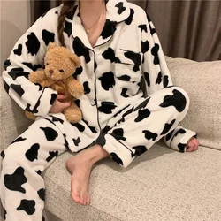 Velvet Cow Print Pajama Woman Winter Warm Two Piece Set Thicken Sleepwear Pyjama Pour Femme Lounge Wear Trouser Suits