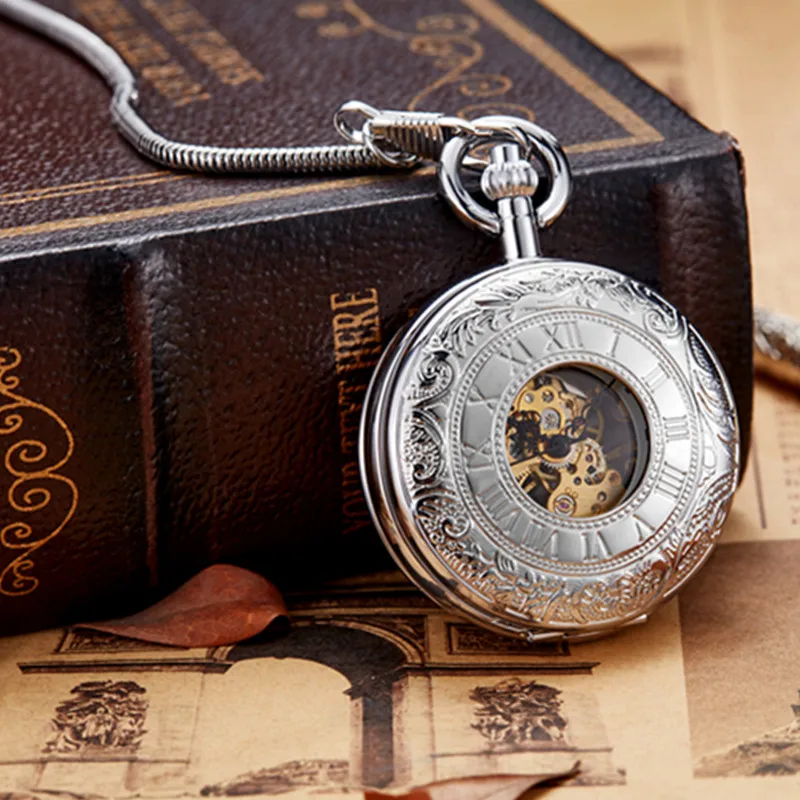 

Gorben Retro Roman Number Mechanical Pocket Watch Pendant Necklace Chain Hand Wind Mechanical Pocket Watch Skeleton