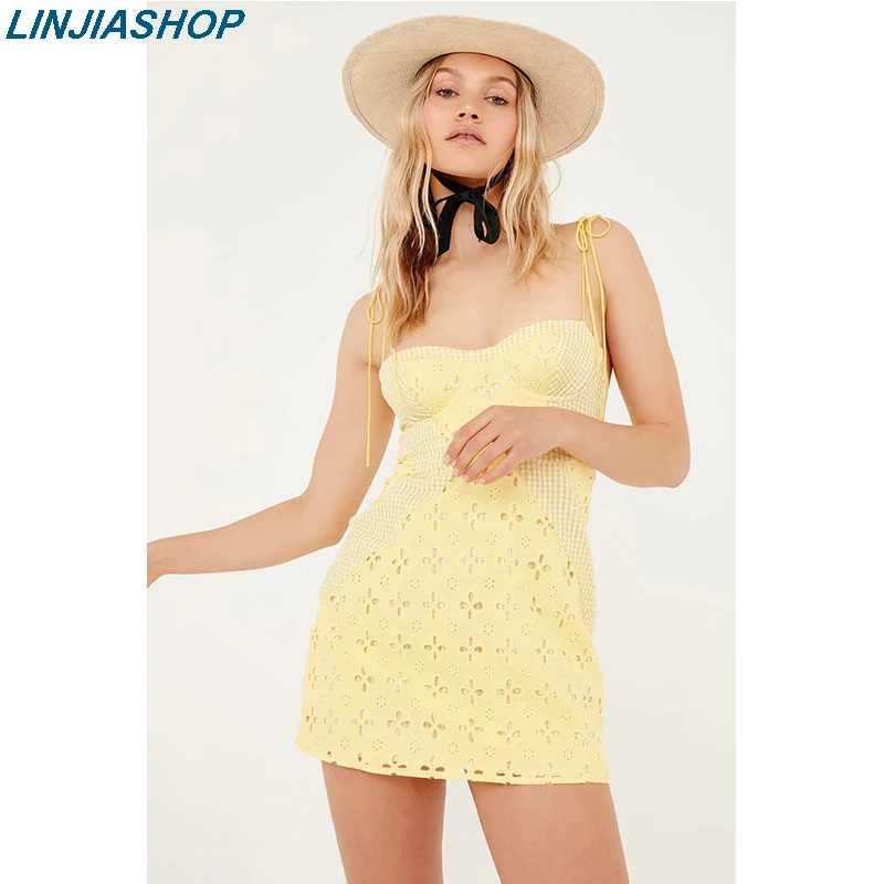 

For Love Women's Picnic Mini Dress with underwire cups Adjustable straps Mixed prints with gingham and eyelet sunshine dress