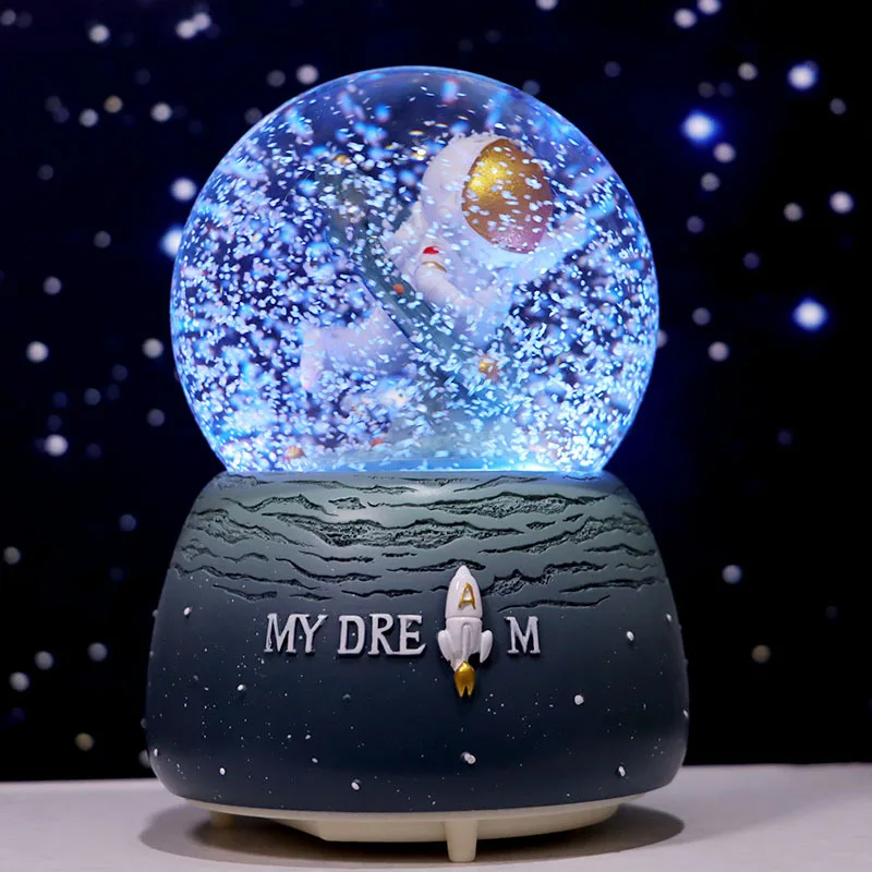 Astronaut Glow Light Crystal Ball Snowball Music Box, Resin Statue