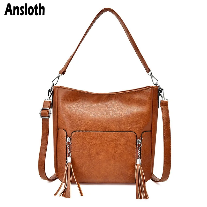 

Ansloth Solid Color Handbag Women Bag Tassel Shoulder Bag Big Crossbody Bag Ladies PU Leather Tote Bag Female Handle Bag HPS789
