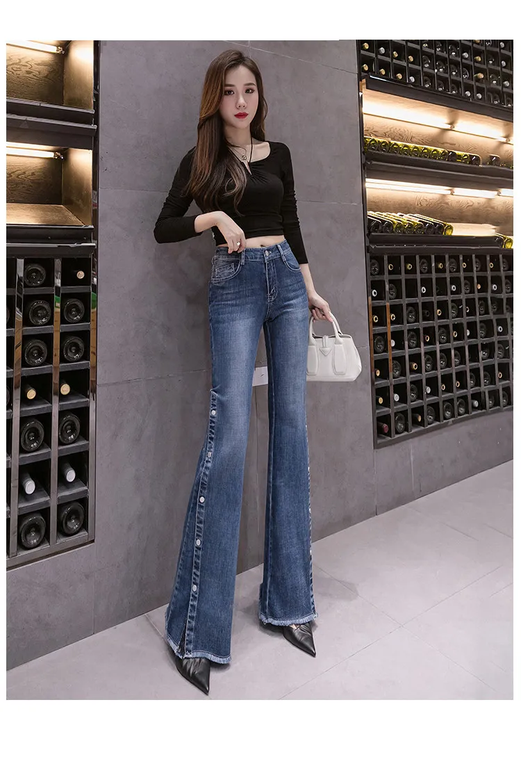 High Waist New Elastic Fabric Women Fashion Jeans Flare Pants Casual Slim Sexy Split Female Denim Jeans Ladies trousers denim jeans