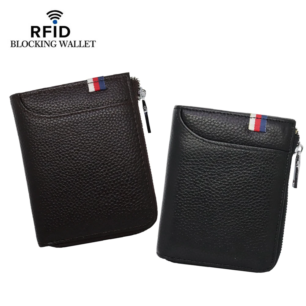 Натуральная кожа мужской кошелек на молнии RFID Блокировка ID держатель для карт зажим для денег