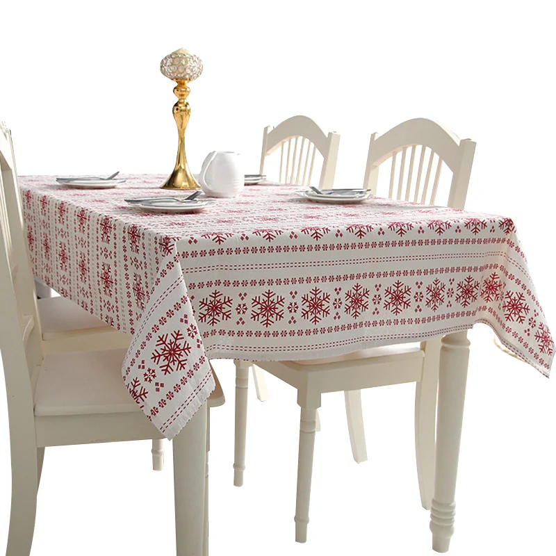 

Christmas New Year Pattern Linen Cotton Tablecloth Wedding Banquet Washable Table Cover Textiles Red Snowflakes Table Cloth