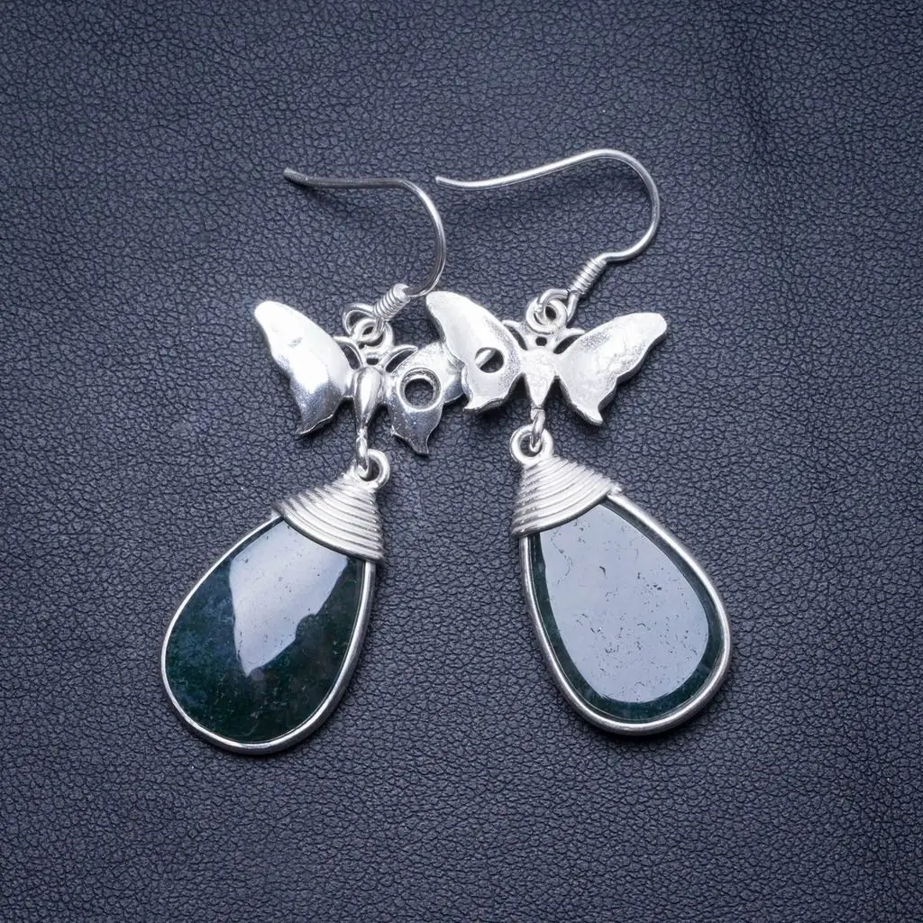 

Natural Moss Agate Handmade Unique 925 Sterling Silver Earrings 2" X4633