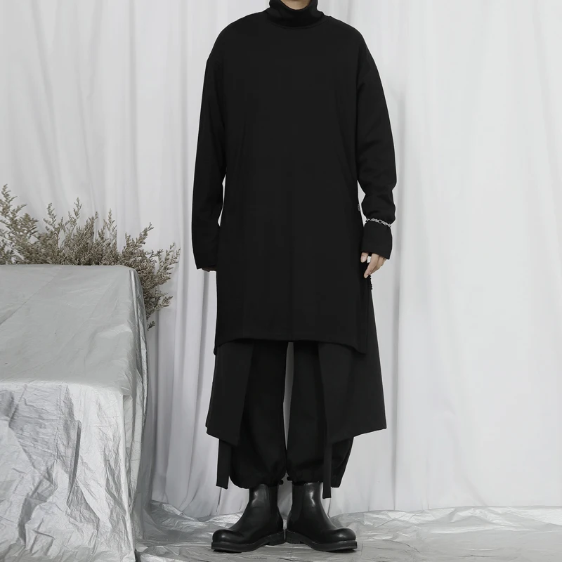 

Футболка мужская прямая средней и длины, Повседневная рубашка с высоким воротником и боковой подкладкой, свободного покроя, темный ветер