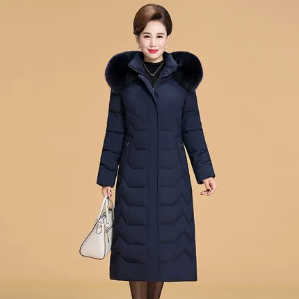 Зимнее пуховое хлопковое пальто со съемным меховым воротником Куртка с капюшоном женская теплая Толстая парка больших размеров женское длинное пальто 5XL 6XL - Цвет: Dark blue