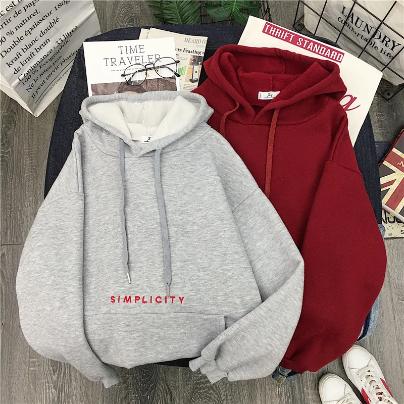  Hoodies Women Thicker Warm Large Letter Print Trendy Pocket Korean Loose Simple All-match Ladies Sw
