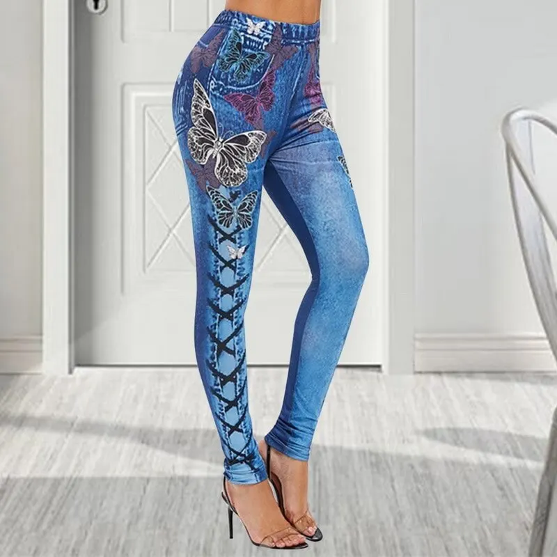 Mallas vaqueras ajustadas de cintura alta estampado de imitación a Color para señora nueva y a la moda