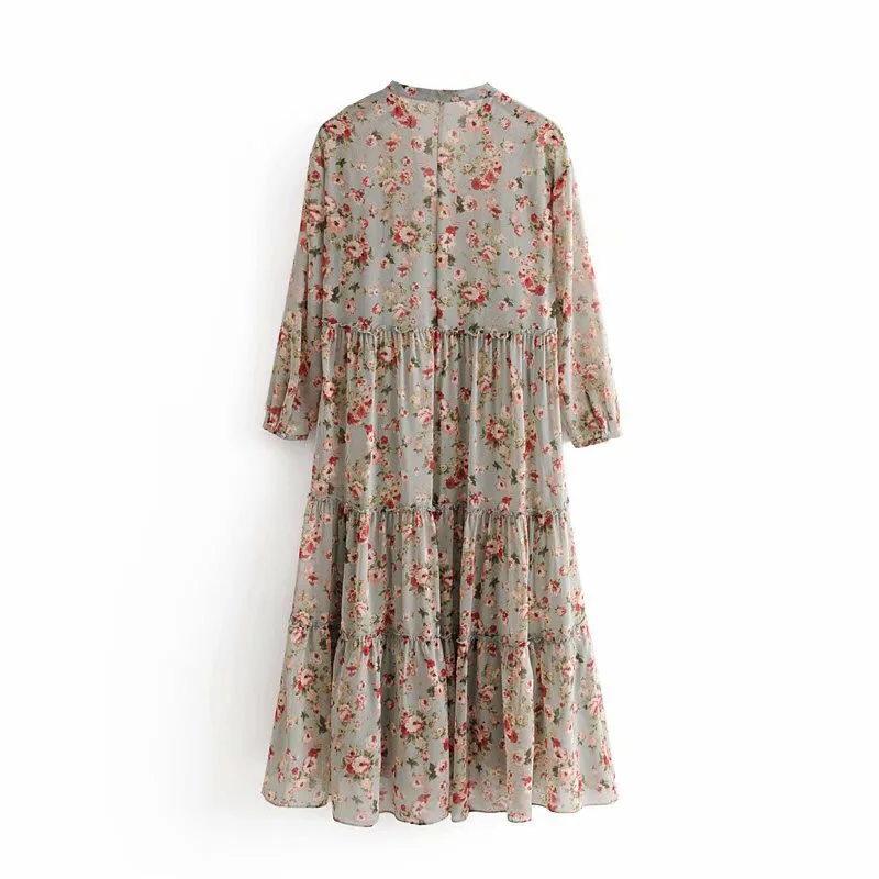 Ceny 2019 damski guzik V kwiat na szyję drukuj z długim rękawem sukienka Splice drewno uszy ruffles piętro długość długie sukienki z podszewką Vestido
