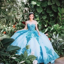 

Blue Sequins Sparkly Quinceanera Dress Ball Gown With Detachable Train 2022 Princess Sweet 16 Prom Party Wear