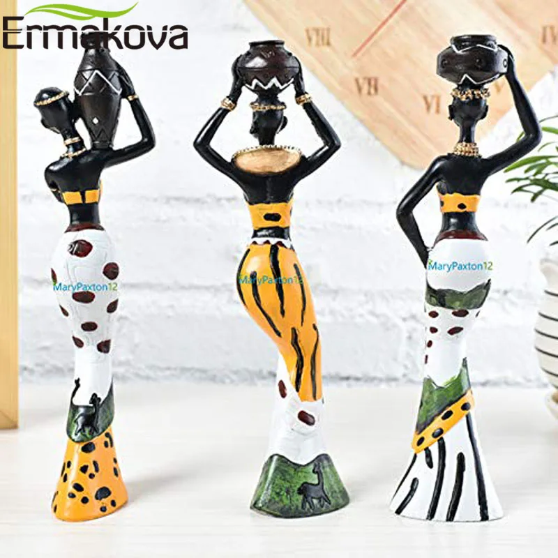 Günstige ERMAKOVA 3 teile satz Afrikanische Frau Skulptur Mädchen Harz Dame Figurine Statue Dekoration Sammlung Home Kunst Handwerk Geschenk