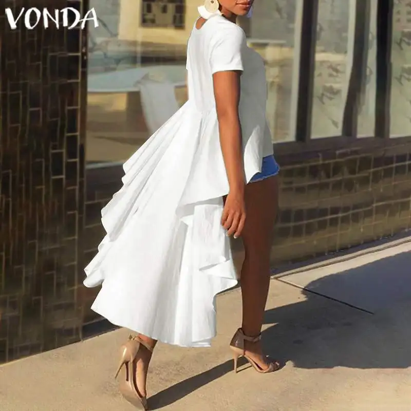 VONDA, летняя блузка, Женская туника,, повседневные свободные топы с рюшами, ассиметричные топы, рубашки с неровным подолом, для женщин, для вечеринки, топ размера плюс, блузки