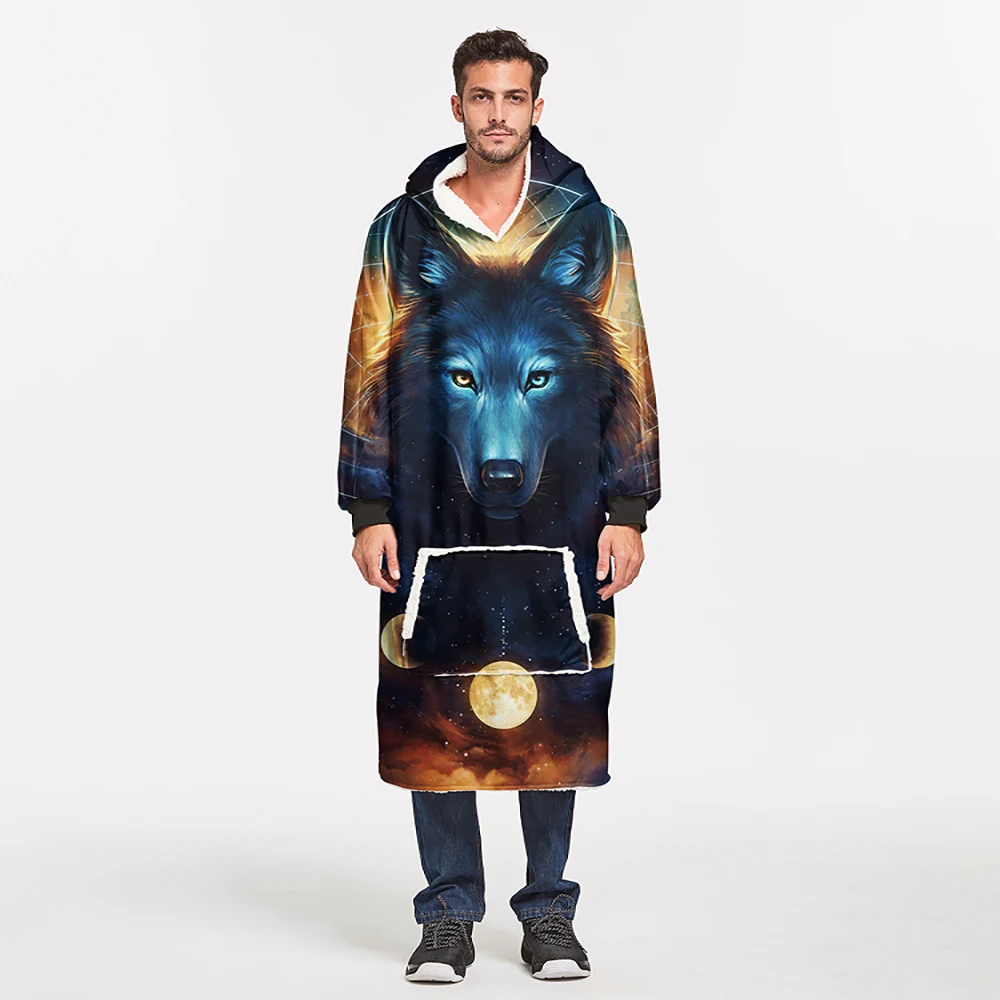 

Bat Blanket Hoodie Sweatshirt Oversize Wolf Lion Animal Pattern Lazy Robes Soft Couples Teen Girls Warm TV Blanket Hoodie Top