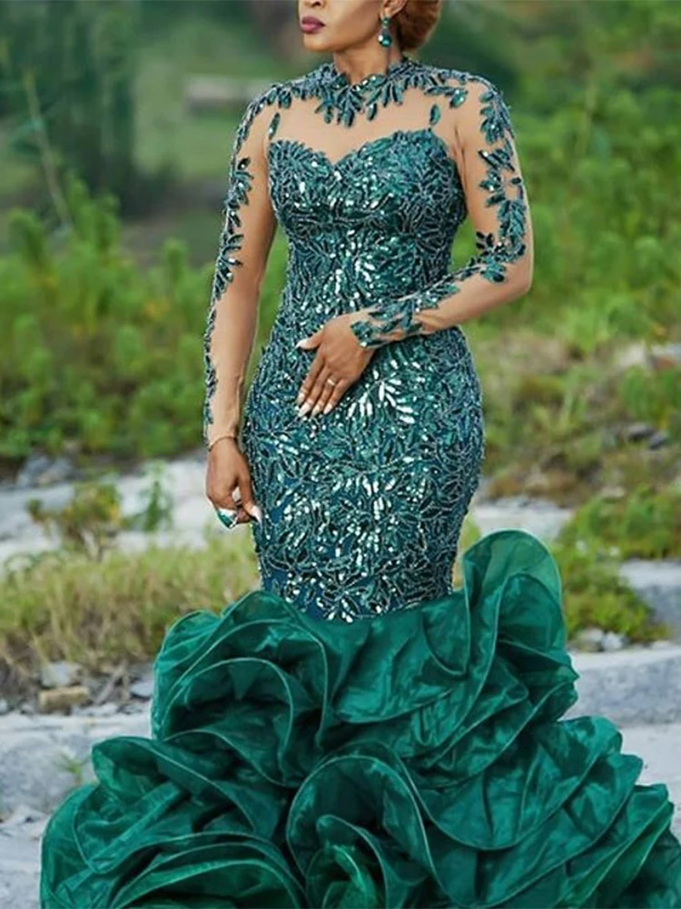 plus size ball gowns Abendkleider Green Evening Dresses Organza Applique Long Formal Dress Sequins Sheer Neckline Robe De Soiree Abiye Prom Gowns black ball gown Evening Dresses