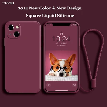 Funda de teléfono de silicona líquida para iPhone, carcasa Original cuadrada con cordón para iPhone 13 11 12 Pro Max Mini XS MAX XR X XS 7 8 Plus 1