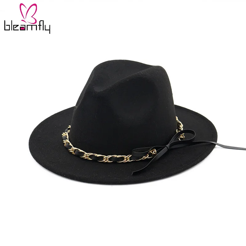 Metal Chain Bow Woolen Formal Hat Yan Ping Will Along The Wild Sir Hat