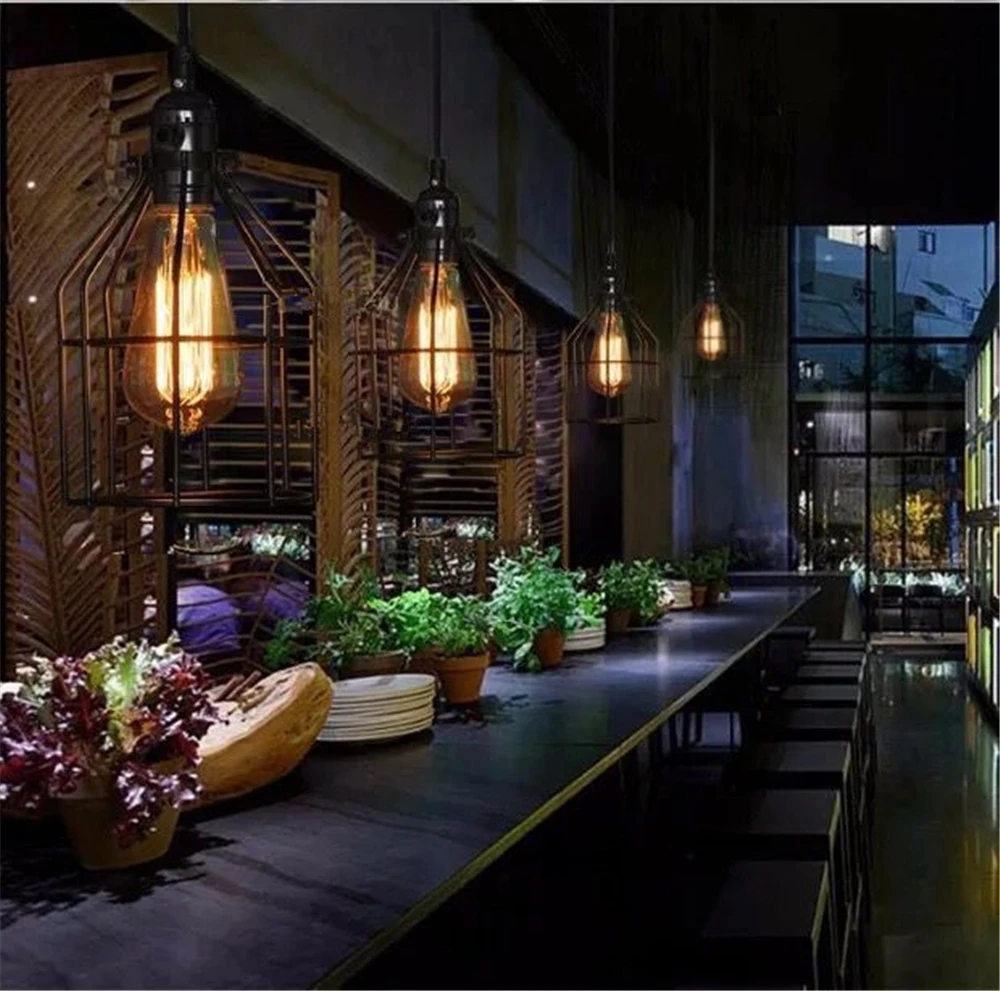 

Nordic LED Cage Pendant Lights Retro Industrial Style Coffee Restaurant Personality Bar Iron Cage Art Hanging Line Lamp