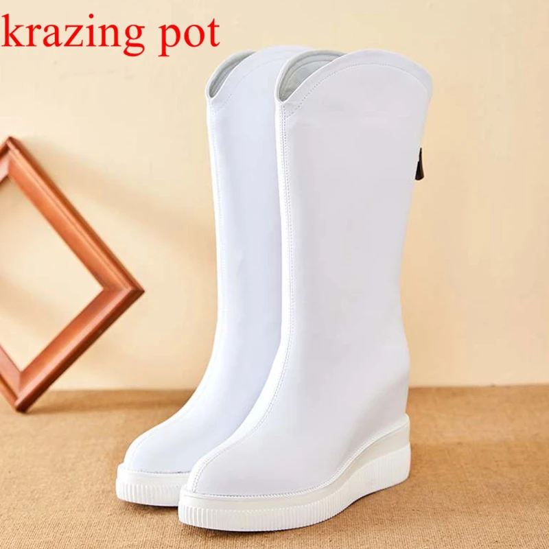 

Krazing Pot Cow Leather Round Toe Western Boots Back Zip Super High Heels Heighten Shoes Increased Fashion Winter Mid-calf Boots