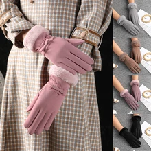 

Cashmere Thicken Windproof Warm Gloves Winter Women Stylish Temperament Outdoor Cycling Gloves Cute Bow Velvet Waterproof Gloves