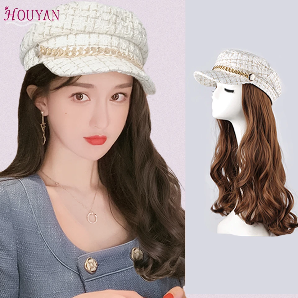 

HOUYAN Hat synthetic heat-resistant wig adjustable large hat extended hair high temperature black woman beret winter