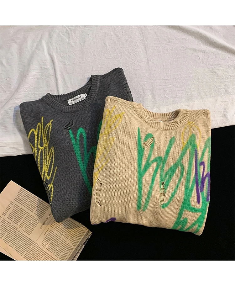 New Winter Sweater Men's Fashion Printed Casual Knit Sweater Man Streetwear Wild Hip Hop Loose Long Sleeve Pullover Men M-2XL