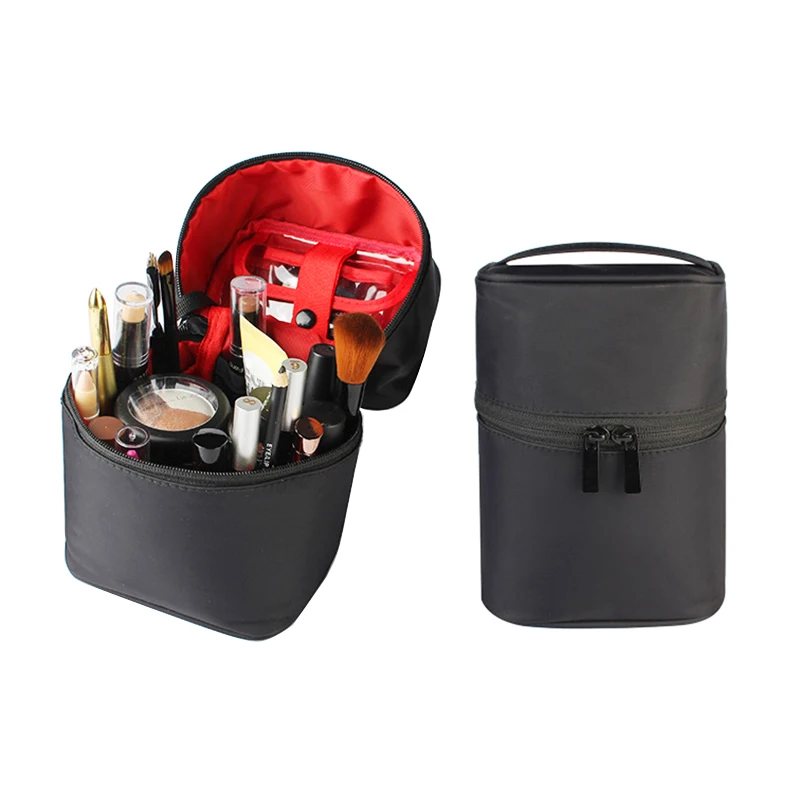 

Portable Cosmetic Bag Vertical Travel Makeup Brush Case Big Capacity Cylinder Double Zip Waterproof Organizer Solid Beauty Tool
