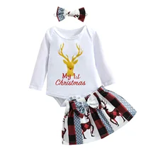 

My 1st Christmas Lovely Baby Girl Clothing Elk Print Casual Set Long Sleeve Bodysuit Bowknot Mini Skirt Cartoon Bowknot Hairband