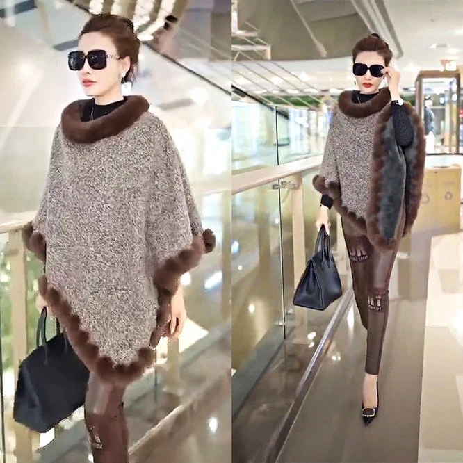 2021 Autumn Winter Women's Thickened Plush Cloak Shawl Knitted Coat With Wool Collar Sweater For Outdoor Warmth Coffee 2021 new best quality real knitted rabbit fur poncho raccoon fur trimming rabbit fur shawl with tassels and pocket wrap women