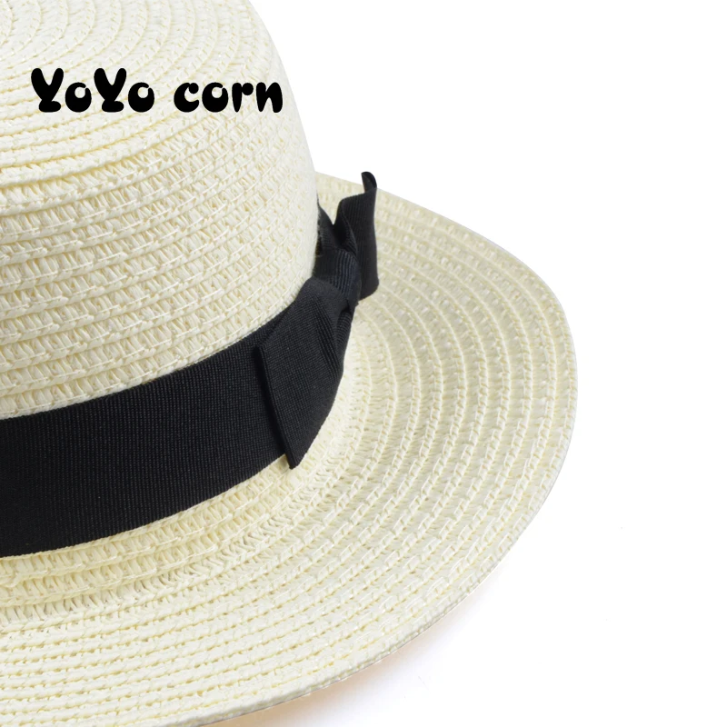 YOYOCORN, простая летняя пляжная шляпа для родителей и детей, Женская Повседневная Панама, женская брендовая шляпа, плоский бант края, соломенная кепка, шляпа от солнца для девочек